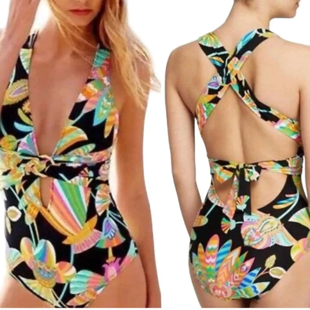 Trina Turk Tahitian Floral Print One Piece Swimsuit Tie Back Colorful Womens 6